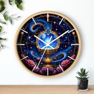 Mystical Dragon Wall Clock, Celestial Rose Timepiece, Fantasy Decor, Galaxy Art Clock, Unique Gift for Dreamers