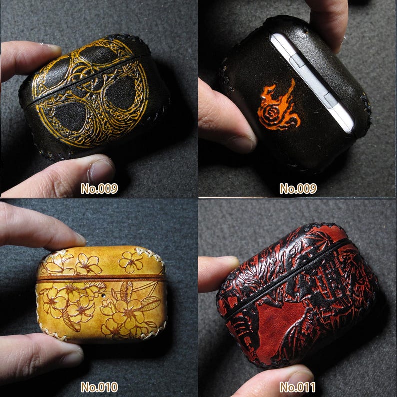 Stylish and durable custom leather AirPods 2 case in deep brown color, engraved with a name or initials, shown alongside earbuds and accessories. The compact protective holder adds sophistication to everyday carry while celebrating individuality — a meaningful present for him, her, or anyone who values quality design.