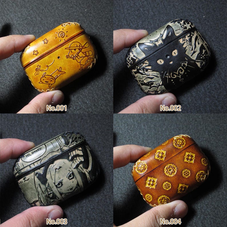 Handcrafted leather AirPods 2 case in warm caramel brown, engraved with custom initials, shown on a rustic desk. This sleek and protective Apple earbuds case features premium stitching and a unique handmade feel, making it an ideal birthday or holiday gift for stylish men, women, or tech lovers who appreciate artisanal details.