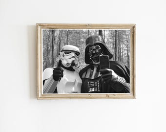 Darth Vader and Stormtrooper Selfie Poster, Movie Scene art, Photography Prints, Retro Poster, Black and White, Digital Download, Wall Art