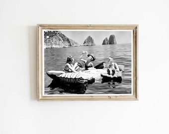 Women Eating Pasta Poster, Funny Lake Poster, Vintage Spaghetti Wall Decor, Retro Capri Picnic, Black and White, Digital Download