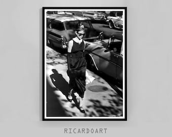 Audrey Hepburn Black and White Photography Print, Retro Movie Scene (Digital Download)