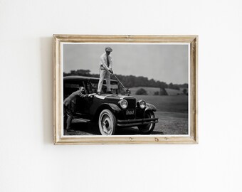 Vintage Golfer Teeing on Classic Car, Black and White Photography Print (Digital Download)