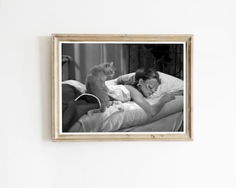 Audrey Hepburn Print, Old Hollywood, Cat Movie Scene (Digital Download)