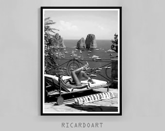 Impressão fotográfica de menina na praia, em preto e branco, para decoração de quarto de adolescente (download digital)