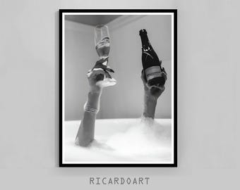 Girl in Bathtub Champagne Poster, Trendy Black and White Print (Digital Download)