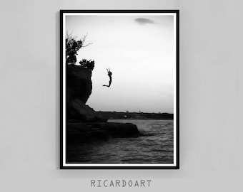 Cliff Jump Photography Print, Coastal Black and White Wall Art (Digital Download)
