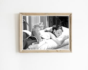 Audrey Hepburn Print, Cat on Bed, Movie Scene Photography (Digital Download)