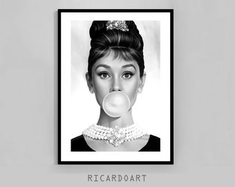 Audrey Hepburn Bubble Gum Art Print, Retro Pop Art (Digital Download)