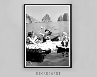 Women Eating Pasta Poster, Funny Lake Poster, Vintage Spaghetti Wall Decor, Retro Capri Picnic, Black and White, Digital Download