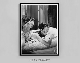 Audrey Hepburn Black and White Poster, Cat Photography Print (Digital Download)
