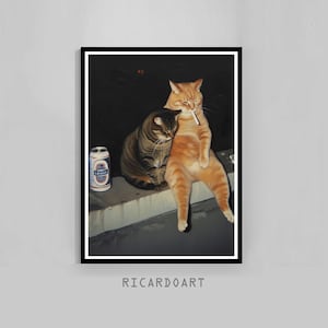 May include: A framed art print featuring two cats. One is orange and smoking a cigarette, the other is brown and resting. A beer can sits nearby. The artist's name, RICARDOART, is at the bottom.