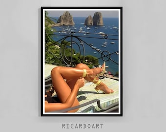 Girl Beach Photography Print, Capri Coast Fashion Poster (Digital Download)