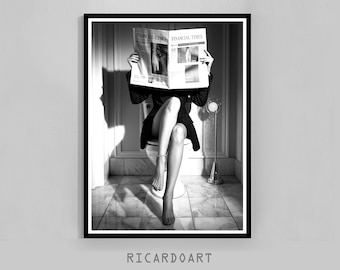 May include: Black and white framed art print. A person is seated on a toilet, reading a newspaper with the words "FINANCIAL TIMES" visible. The image is a monochrome photograph with a modern aesthetic.