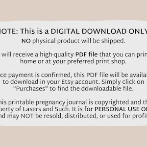 Puede incluir: Aviso de descarga digital sobre un fondo beige. El texto indica que es solo una descarga digital, sin env&iacute;o de un producto f&iacute;sico. Incluye instrucciones para descargar un archivo PDF de Etsy despu&eacute;s de la compra. El diario es solo para uso personal.