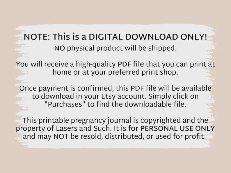 Puede incluir: Aviso de descarga digital sobre un fondo beige. El texto indica que es solo una descarga digital, sin env&iacute;o de un producto f&iacute;sico. Incluye instrucciones para descargar un archivo PDF de Etsy despu&eacute;s de la compra. El diario es solo para uso personal.