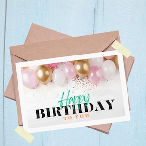 Cartão de aniversário floral para imprimir para ela, cartão de feliz aniversário com flor rosa, download instantâneo, cartão de felicitações para imprimir em casa, aniversário digital