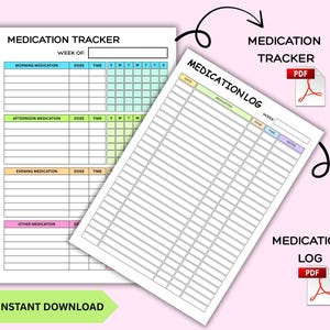 Puede incluir: Dos rastreadores y registros de medicamentos imprimibles. El "Medication Tracker" tiene secciones para medicamentos de la ma&ntilde;ana, tarde, noche y otros, con espacio para la dosis y la hora. El "Medication Log" proporciona espacio para entradas diarias. Ambos est&aacute;n etiquetados con iconos "PDF".