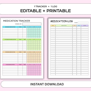 Puede incluir: Dos rastreadores y registros de medicamentos imprimibles. La p&aacute;gina izquierda es un rastreador de medicamentos con secciones para medicamentos de la ma&ntilde;ana, tarde, noche y otros. La p&aacute;gina derecha es un registro de medicamentos.