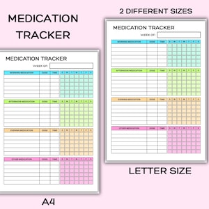Puede incluir: Dos plantillas imprimibles de seguimiento de medicamentos en tama&ntilde;os A4 y Carta. Cada rastreador tiene secciones para medicamentos de la ma&ntilde;ana, tarde, noche y otros, con espacio para la dosis, la hora y un horario semanal.