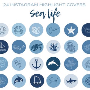 24 Sea life themed instagram highlight covers| Instagram highlight covers| Blue Instagram highlight icons| Canva IG highlight icons