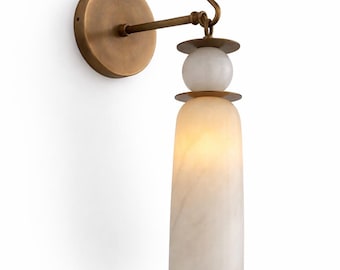 Handmade Brass Wall Sconce, Double Alabaster Shades, Mid Century Modern Lamp