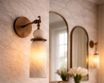 Handmade Brass Wall Sconce with Alabaster Shade Modern Lighting Fixture Mid-Century Style Lamp