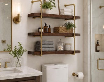 Estantería de latón macizo de 3 niveles, mueble de pared sin lacar, estante de baño vintage con detalles de madera.