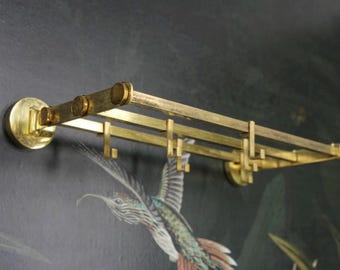 Art Deco Brass Wall Coat Rack, French Entryway Shelf with Hooks