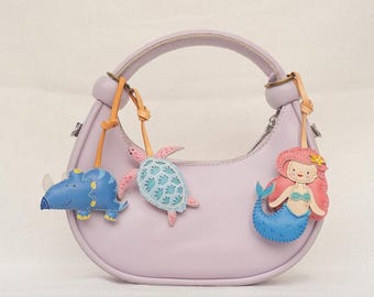 COLLECTION  Leather Bag Charm, Mermaid Keychain, Turtle Purse Charm, Bag Tote Accessory, Unique Small Gift For Him Her Kids
