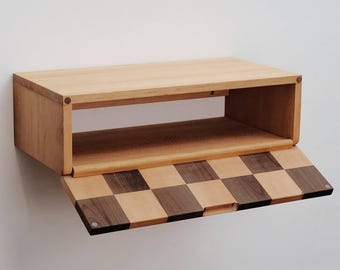 Floating Walnut & Beechwood Storage Cabinet – Hanging Entryway Console with Checkered Pattern – Narrow Hallway Wall Shelf