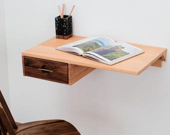 Escritorio flotante de madera maciza con cajón - Escritorio de pared hecho a mano para oficina en casa, escritorio para espacios pequeños, estante de consola flotante - Regalo único