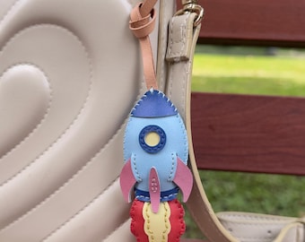 ROCKET SHIP Leather Bag Charm, Cute Universe Collection, Monster Alien Rocket Purse Charm, Bag Tote Accessory, Unique Small Gift For Him Her