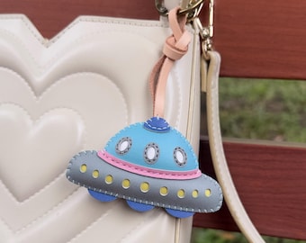 Leather ALIEN SHIP Bag Charm, Cute Universe Collection, Monster Alien Rocket Purse Charm, Bag Tote Accessory, Unique Small Gift For Him Her