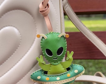 Leather ALIEN Bag Charm, Cute Universe Collection, Monster Alien Rocket Purse Charm, Bag Tote Accessory, Unique Small Gift For Him Her