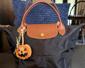 PUMPKIN Leather Bag Charm , Halloween Keychain,  Jack-o-lantern Cute Ghost Purse Charm Backpack Accessory, Gift for Kids Him Her