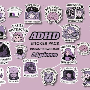 Puede incluir: Un paquete de pegatinas de 21 piezas con varias ilustraciones de dibujos animados relacionadas con el TDAH. Las pegatinas incluyen frases como "Can't Sleep", "Brain Going Brrr" y "ADHD is my superpower". La paleta de colores es principalmente morada, blanca y negra.