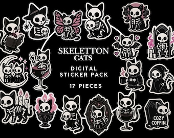 Gothic Skeleton Cat Stickers PNG | Spooky Digital Sticker Pack for GoodNotes | Kawaii Goth Planner Stickers | Instant Download