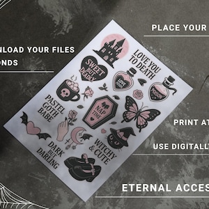 May include: A sheet of pastel goth-themed stickers with various designs, including a castle, potion bottles, a butterfly, and the text "Sweet But Deadly." The stickers are in black and pink on a white background.