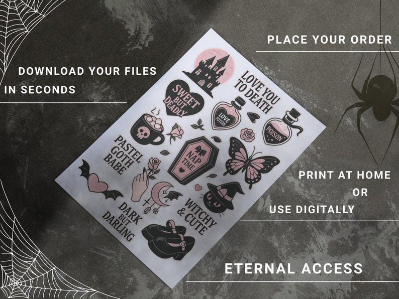 May include: A sheet of pastel goth-themed stickers with various designs, including a castle, potion bottles, a butterfly, and the text "Sweet But Deadly." The stickers are in black and pink on a white background.