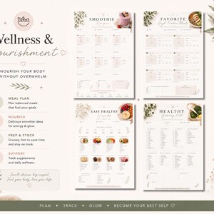 May include: A set of printable wellness and nourishment guides. The guides include meal plans, smoothie recipes, and grocery lists. The design is soft with a light beige background and botanical accents. Text includes "Wellness & Nourishment" and "Nourish Your Body Without Overwhelm."