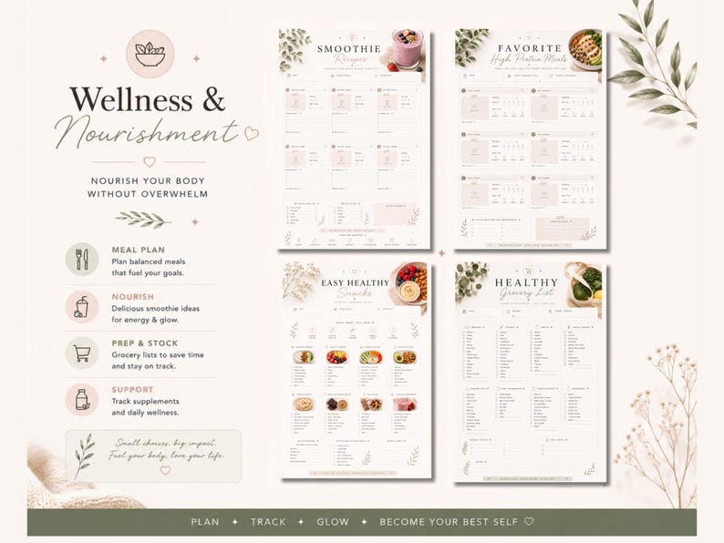 May include: A set of printable wellness and nourishment guides. The guides include meal plans, smoothie recipes, and grocery lists. The design is soft with a light beige background and botanical accents. Text includes "Wellness & Nourishment" and "Nourish Your Body Without Overwhelm."