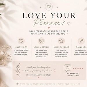 May include: A promotional image with the text "LOVE YOUR Planner?" and supporting text. The image features a neutral color palette with decorative elements like a candle, vase, and greenery. The image promotes feedback and reviews.