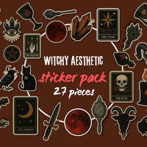 Puede incluir: Un conjunto de 27 pegatinas de estética bruja. Las pegatinas presentan varios símbolos ocultos, incluyendo cartas del tarot, un gato negro, un cuervo, una calavera, un pentagrama y un sombrero de bruja. También está presente el texto "Witchy Aesthetic Sticker Pack".