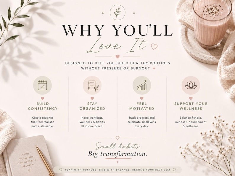 May include: A light beige graphic with text that reads "WHY YOU'LL Love It." The image promotes building healthy routines. It includes icons for consistency, organization, motivation, and wellness. A glass of pink drink sits on a small plate.
