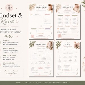 May include: A set of four printable planner pages with a soft, neutral color palette. The pages include sections for brain dumping, dopamine menu, progress reflection, and gym affirmations. The design incorporates botanical elements and the text "Mindset & Reset".