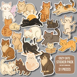 Puede incluir: Un conjunto de pegatinas de gatos en varias poses y colores, incluyendo naranja, negro y blanco. Algunas pegatinas presentan gatos con accesorios como alas y una taza. El paquete de pegatinas está etiquetado como "Cozy Cats" e incluye 31 piezas.