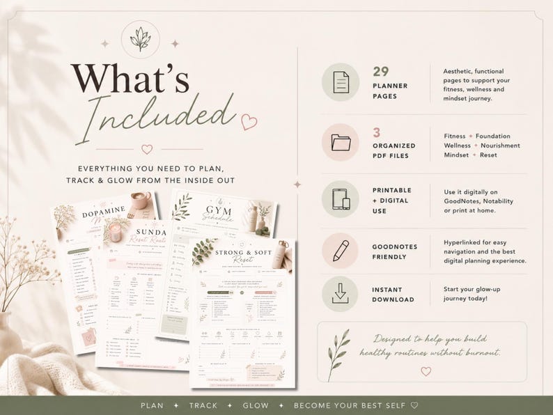 May include: Digital planner with the text "What's Included" and "Everything you need to plan, track & glow from the inside out." Includes 29 planner pages, 3 PDF files, printable and digital use, GoodNotes friendly, and instant download.