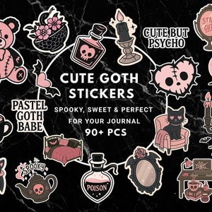 Peut inclure: Ensemble d'autocollants gothiques pastel avec divers motifs, dont un ours en peluche, des éléments sur le thème des crânes, un chat noir et un château. Les autocollants ont une esthétique mignonne et effrayante, avec le texte "Cute Goth Stickers".