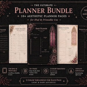 Könnte beinhalten: Das ultimative Planer-Bundle mit über 10 ästhetischen Planerseiten für iPad und Druck. Das Design umfasst Habit Tracker, Tages- und Wochenplaner sowie florale Akzente. Der Text enthält "Sofort-Download".